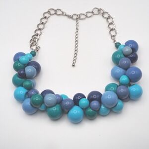 Vintage Bubble Bead Necklace Blue Teal Chunky Cluster Bib Silver Tone Extender